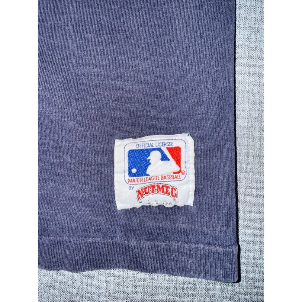 Vintage 90s Nutmeg Cleveland Indians‎ T Shirt Chief Wahoo Embroidered Navy M USA